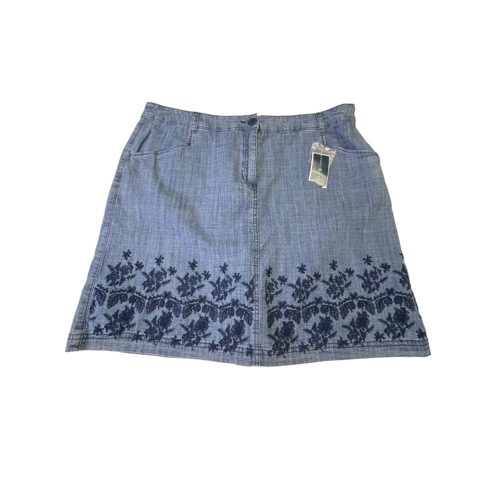 NEW Karen Scott Floral Embroidered Chambray Skort Blue Cotton Blend Size 16